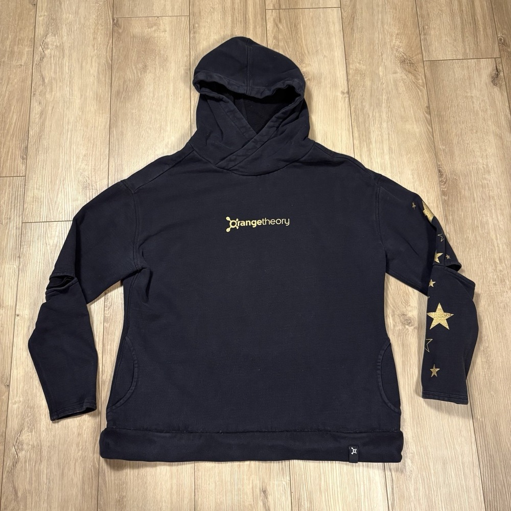 Orange Theory  FITNESS Black Pullover Cold Elbow Gold Foil‎ Star Sweatshirt M